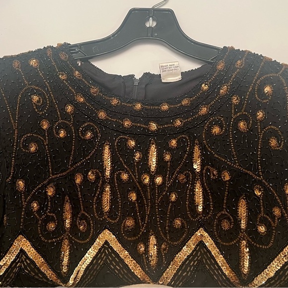 VINTAGE Size M LAWRENCE KAZAR black gold sequin cocktail dress with slit - Picture 6 of 16